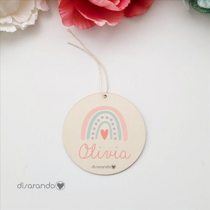 Etiqueta Madera Personalizable (Arco iris, rosa)
