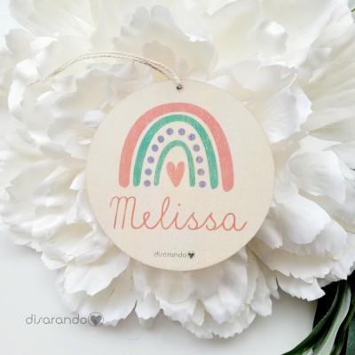 Etiqueta Madera Personalizable (Arco iris, rosa)